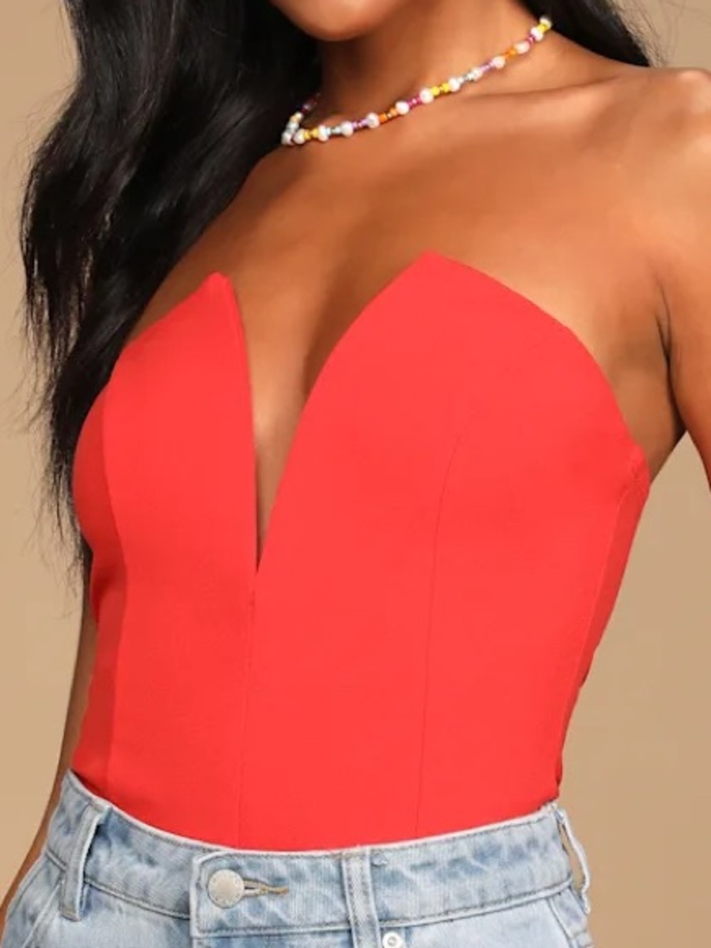 Red Notched Strapless Bodysuit